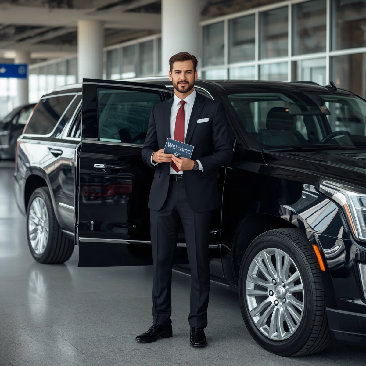 All Quest Limousine chauffeur with a black car in Fairfield County, CT
